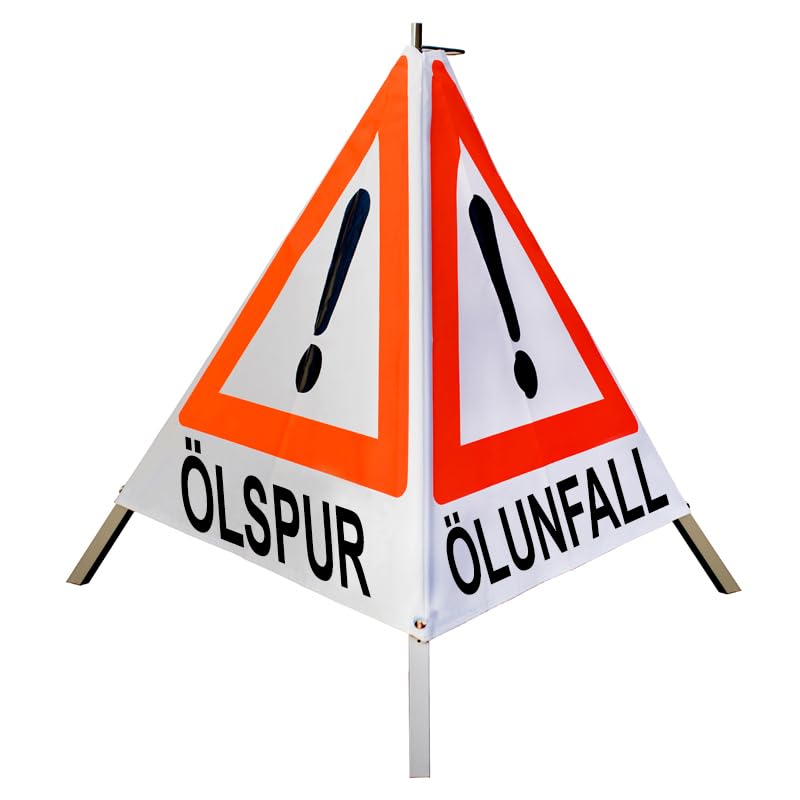 Warnpyramide/Faltsignal 90 cm - Achtung(VZ101) "ÖLSPUR/ÖLUNFALL/FEUERWEHR" - weiß tagesl., leicht
