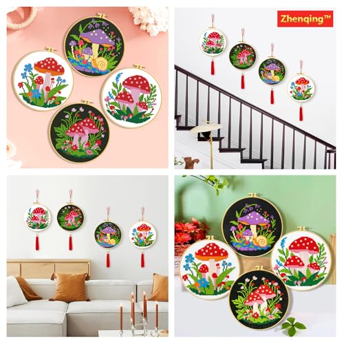Image of Zhenqing 4 Mushroom Cross Stitch Kit for Beginners, 11CT Printed White Cotton Fabric 24x24cm with Hoop, Fantasy Forest Embroidery Set(69036)