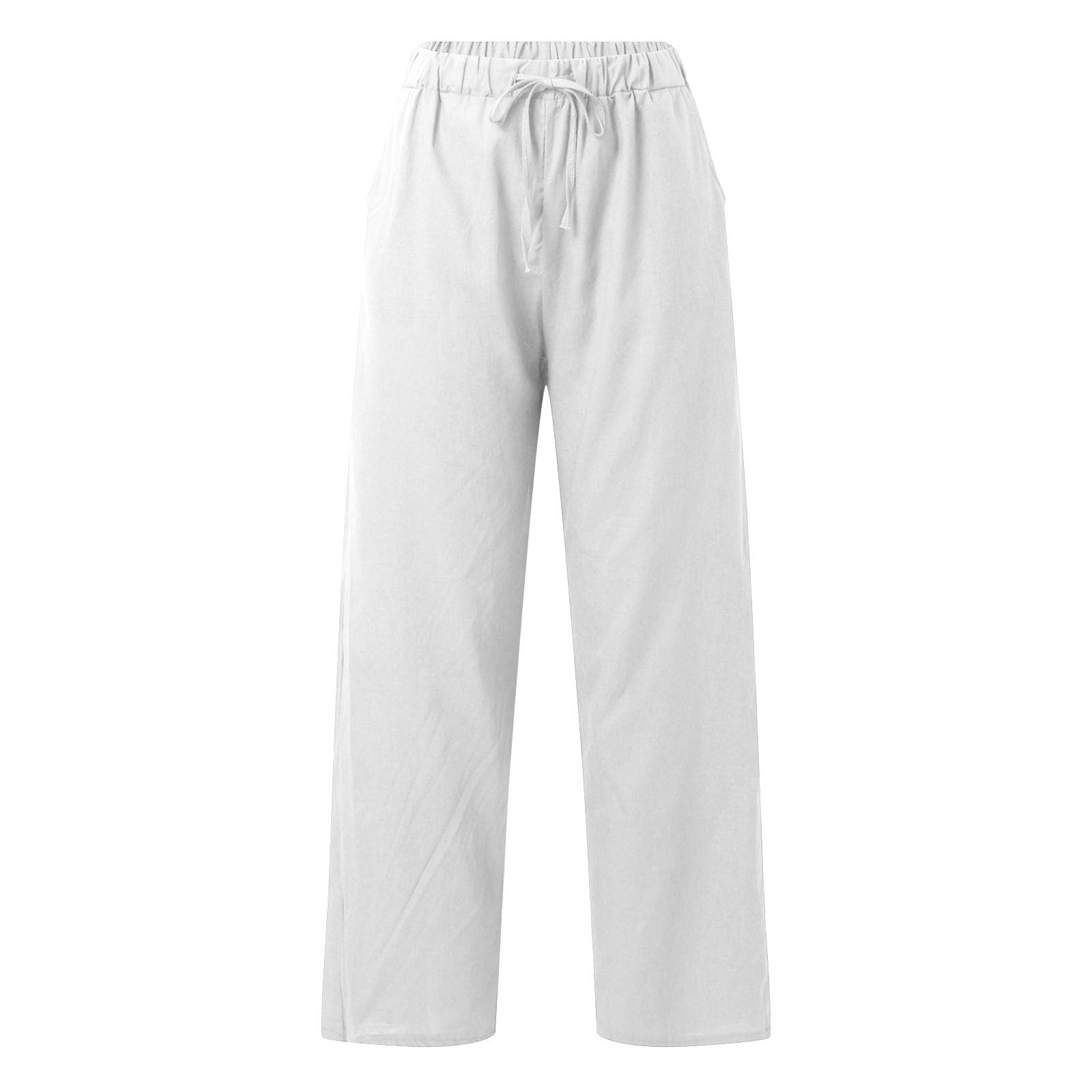 Generisch Pantalon de loisirs d'été pour femme - Pantalon de plage - Couleur unie - En lin - Taille haute - Avec poches - Cordon de serrage - Long - Décontracté - Léger - En lin - Coupe droite - En