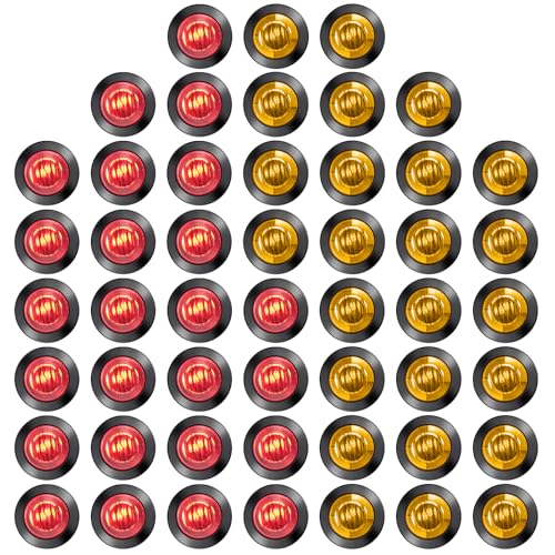 Tallew 50 Pieces 3/4'' Round LED Side Marker Lights, 3 LEDs Front Rear Side Indicator Lights Yellow and Red Turn Signal Lights IP68 Waterproof Lamp for Truck Trailer Lorry Bus Caravan Boat, 12V