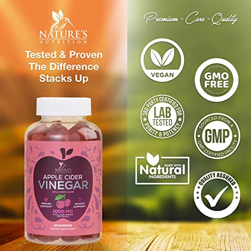 Nature's Apple Cider Vinegar Gummies 1000Mg For Detox Cleanse - Natural Digestion & Immune Support, B12, Folic Acid, Acv Keto Gummy Supplement, Gluten Free Non-Gmo - 60 Gummies (30 Day Supply) #TOP3
