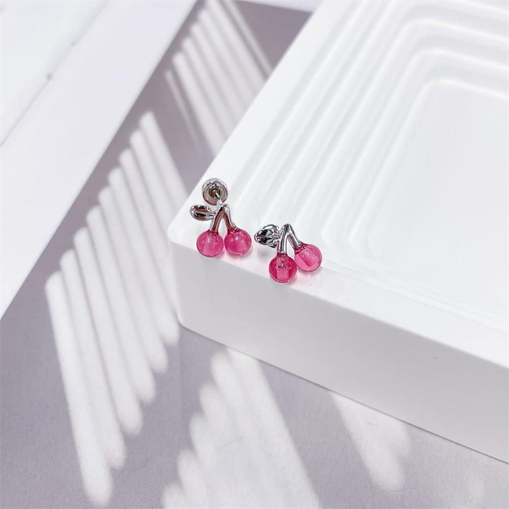 20G Cherry Screw Flat Back Small Stud Earrings for Women Stainless Steel Silver Plated Cute pink Resin Lovely Sweet Food Fruit Cartilage Tragus Piercing Little Studs Hypoallergenic Fashion Jewelry - Image 4
