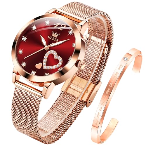 OLEVS Womens Watch Gift Set avec Bracelet Rose Gold Rouge Ladies Minimaliste Minimaliste Slim Robe DéContractéE Analogique Montre à Quartz ImperméAble