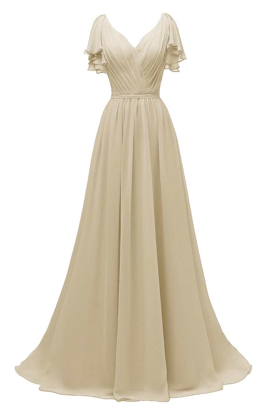 Yexinbridal Ruffle Sleeves Bridesmaid Dresses V-Neck Chiffon Long Formal Wedding Evening Party Gowns for Women