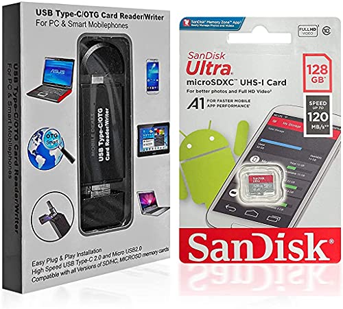 Mobile Deals Portable Memory Card Reader 3-in-1 USB 2.0 and Micro USB to USB-C OTG Adapter for SDXC, SDHC, SD, MMC, Micro SDXC, Micro SD, Micro SDHC, UHS-I + SanDisk 128GB Ultra Memory Card (1-Pack)
