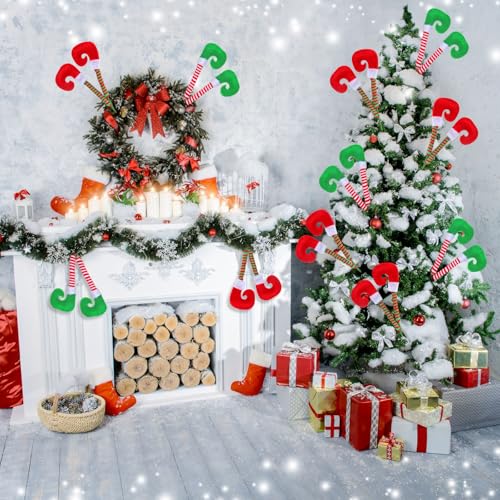 Wettarn 12 Pcs Christmas Elf Legs Picks Elf Feet Tree Ornaments with Fixed Wire Felt Striped Elf Feet Christmas Tree Decoration White Red Green Elf Feet Tree Pick for Party Xmas Holiday Decorations