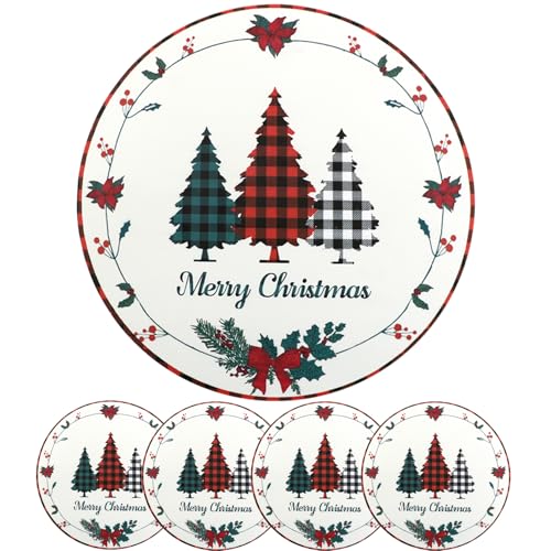 Ginphan Round Christmas Placemats Set of 4 Buffalo Plaid Tree Placemats Poinsettia Holiday Faux Leather Table Mats Soft Place Mats Machine Washable Wipeable Non-Slip for Kitchen Table Decor 14 Inch