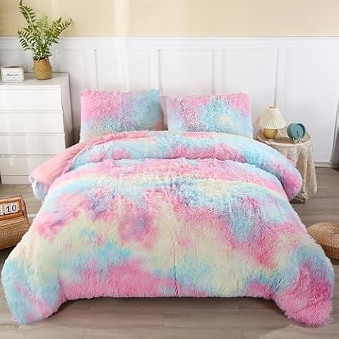 WINLIFE Shaggy Bedding Comforter Set Faux Fur Flannel Furry Comforter Microfiber Long Hair Fluffy Plush Comforter Sets Gradient Ombre Tie Dye Multicolor Bedding for Girls Adults (3Pcs, Full, Rainbow) Cover