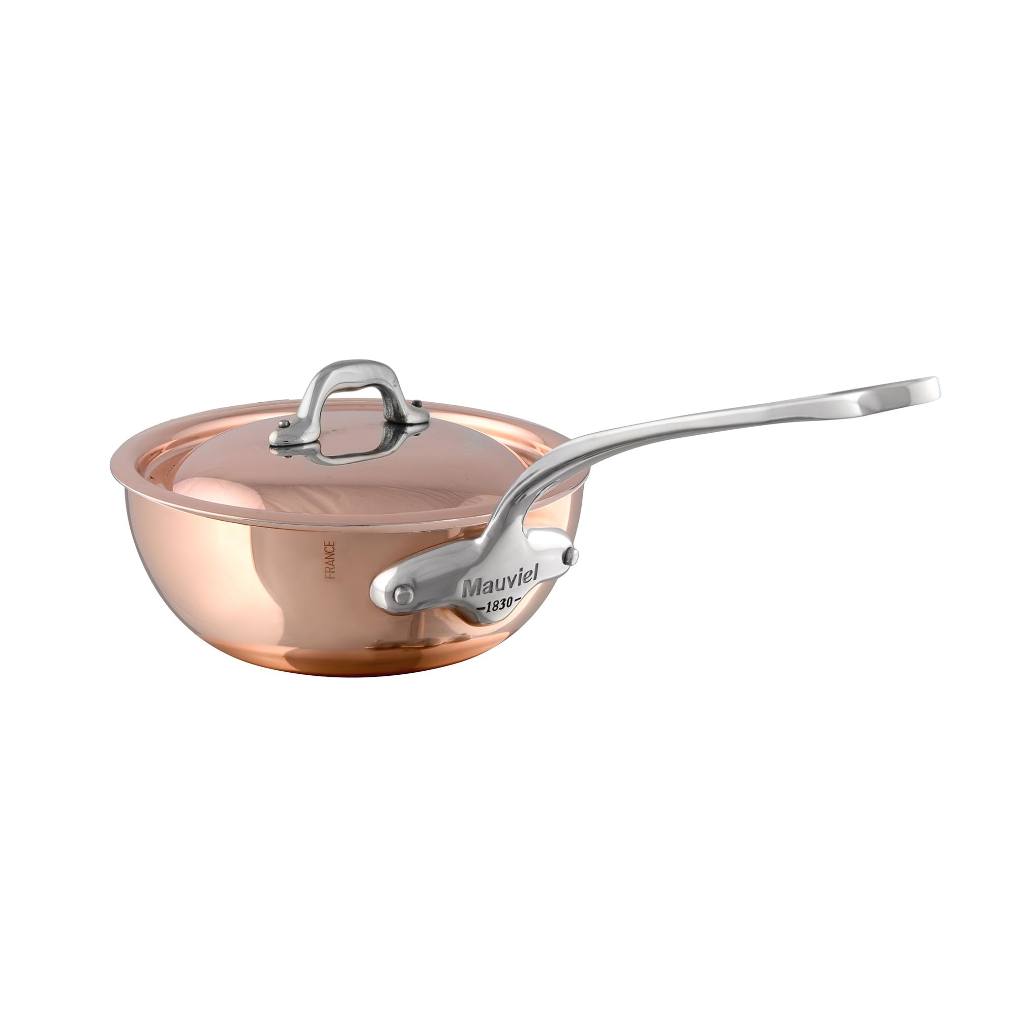 Mauviel M'Heritage 150 S 1.5mm Polished Copper & Stainless Steel Chef Pan With Curved Lid, And Cast Stainless Steel Handle, 1.26-qt, Made In France