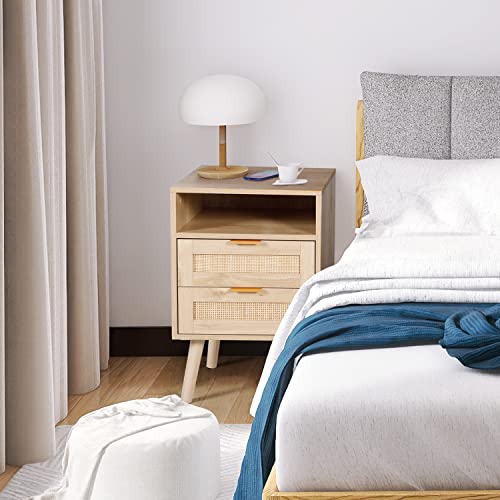 AILEEKISS Rattan Nightstand with Wireless Charging Station Modern Bedside Tables with Solid Wood Feet Rattan Night Stands End Table with Drawers and Open Storage Shelf for Bedroom (Natural) - Image 2