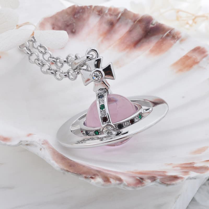 ZHAOZHAO Colorful Saturn Necklace for Women - Sky Star Saturn Planet Pendant with Crystals(Silver+Pink)3