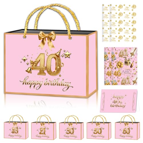 POPOYU Rose Gold 40th Birthday Gift Bag with 40thBirthday Wrapping Paper and Birthday Card Ribbon 40th Birthday Wrapping Paper for Women Tissue Paper Sheets for BirthdayGifts Wrapping DIY Art Crafts