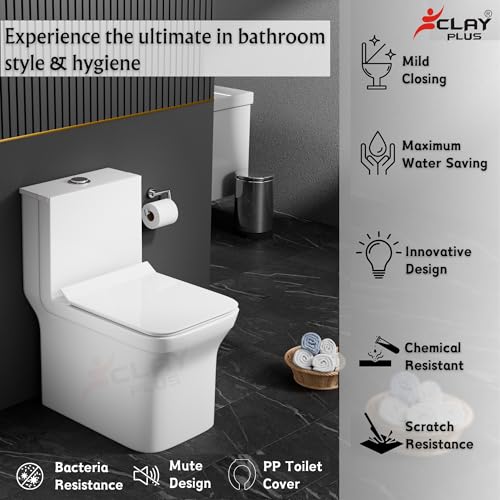 Image of Clay Plus Premium P-Trap Rimless Ceramic Western Toilet for Bathroom, Hotel, Hospital, Lavoratory, One-Piece Floor Mounted Water Closet with Soft Close Seat Cover for Home & Bathroom