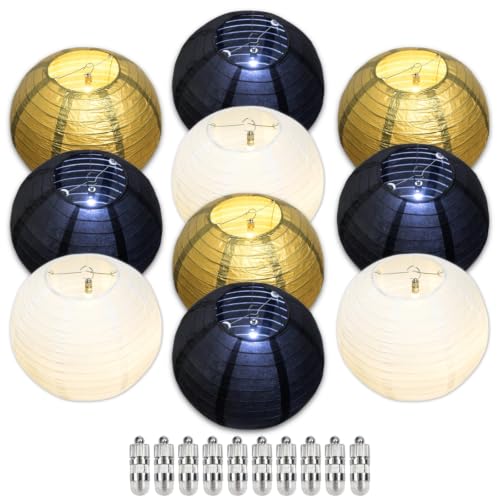 Image of Cream Black Gold Chinese Paper Lanterns with LED, 10-Pack 10inch | Hanging Lights for Engagement Party, Modern Wedding, Anniversary, Birthday Decorations & Art Deco Party