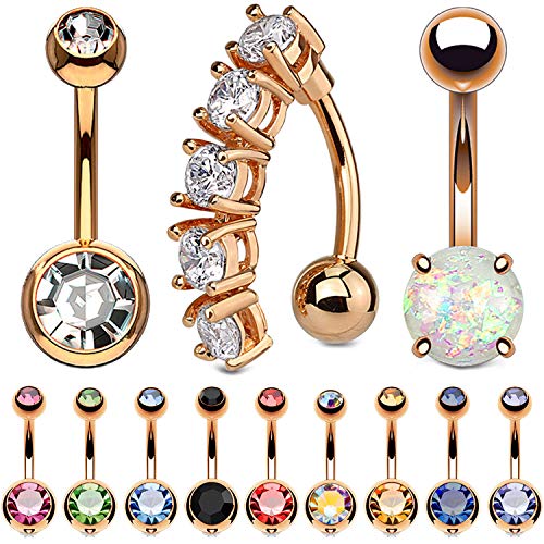 BodyJ4You 12PCS Belly Button Ring Set CZ Created-Opal Rose Goldtone Steel Navel Bar Piercing Jewelry