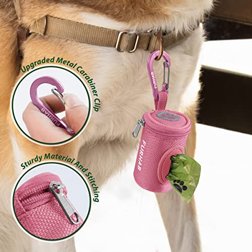Image of FURHAB Dog Poop Bag Holder for Leash Doggie Waste Bag Dispenser Soft Fabric Puppy Potty Carrier Small Doggy Zipper Pouch with Carabiner Clip 1680D Nylon Oxford with 1 Roll of Pet Trash Bags, Pink