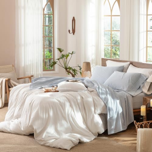 Image of MooMee Striped Sheet Set 100% Washed Cotton Linen Like King
