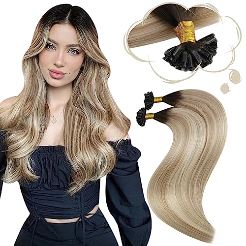Moresoo U Tip Hair Extensions Real Human Hair Balayage Pre Bonded Human Hair Extensions Brown Root Ombre to Light Brown with Medium Blonde Fusion Hair Extensions 14 Inch 40g,50s/Pack #3/8/22