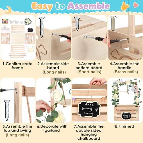 Image of Wooden Baby Shower Crate Closet with Handle, Hangers & Garland, Large Capacity Baby Basket for Baby Shower, Customizable Wooden Crate Box Newborn Parents Welcome Gift (Natural Wood)
