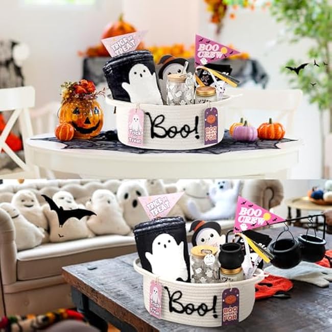 Halloween Boo Woven Basket Cute Storage Spooky Basket with Handle Boo Woven Trick or Treat Gift Organizer for Halloween Party Favors and Decorations Women Men