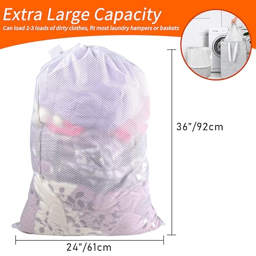 Polecasa Extra Heavy Duty Large Diamond Mesh Laundry Bags with Drawstring Closure & ID Tag, 24 x 36 inches Washable Storage Bag for College, Travel, Sports, Dorms, White