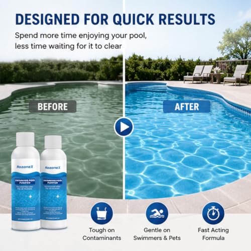 Swimming Pool Purifier, Pro Pool Water Purifier Liquid – Crystal Clear Pool Water | Safe for Inground, Above-Ground Pools & Water Features | Fast-Acting Pool Clarifier - Hozone X-2 Pack