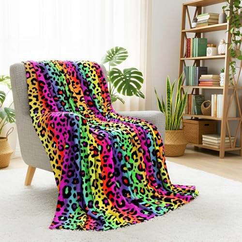 Hahafelt Colorful Leopard Print Blanket 60 x 80 Inch Super Soft Cozy Flannel Fleece Rainbow Neon Cheetah Throw Blanket for Bed Sofa Office Couch Travel Camping All Seasons