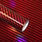 Lypumso 2D Holographic Carbon Fiber Vinyl Wrap, High Gloss Red Chrome Wrapping Film with Air Release Technology Auto Car Sticker Decal Sheet, Self Adhesive DIY Paint Replacement Wrap Roll 1ft x 5ft