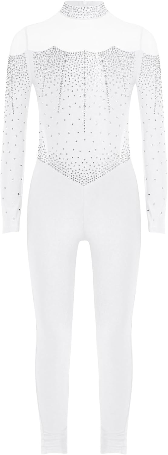 Agoky Kids Girls Full Body One Piece Dance Unitard Long Sleeve Gymnastics Leotard Sparkly Athletic Bodysuit