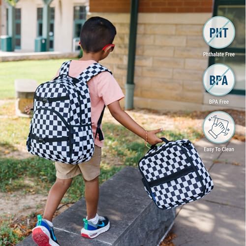 Image of Wildkin Kids Backpack for Boys & Girls, ECO rPET Recycled Lightweight 15 inch Bookbag with Padded Straps - Ideal for Preschool, Kindergarten, School & Travel, Ages 4-6 - Black and White Checkered