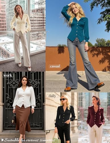 GRACE KARIN 2025 Women Fall Work Office Blouses,Long Sleeve Trendy Work Tops,V Neck Button Down Slim Shirts2