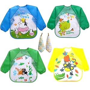 4 Stks Baby slabbetjes met mouwen, Waterdichte Lange mouw EVA Boy Bib Feeding Slabbetjes Schort Gedrukt Dinosaurus Aap…