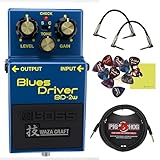 Boss BD-2W Blues Driver Pedal Bundle w/ 2-Pack Strukture S6P48 Woven Right Angle Patch Cable, Pig Hog PCH10BK 'Black Woven' Instrument Cable, 12-Pack Guitar Pick and Liquid Audio Polishing Cloth