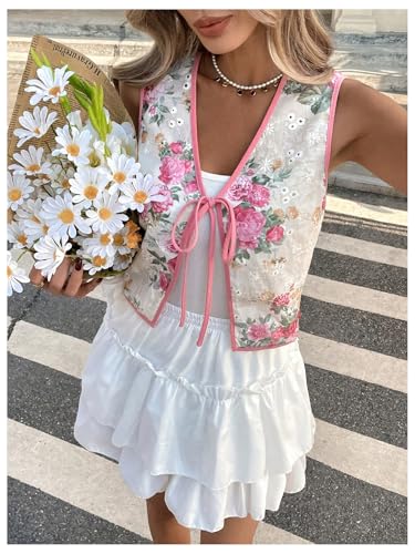 MakeMeChic Women's Floral Eyelet Embroidery Vest Tie Front Sleeveless Crop Tops4