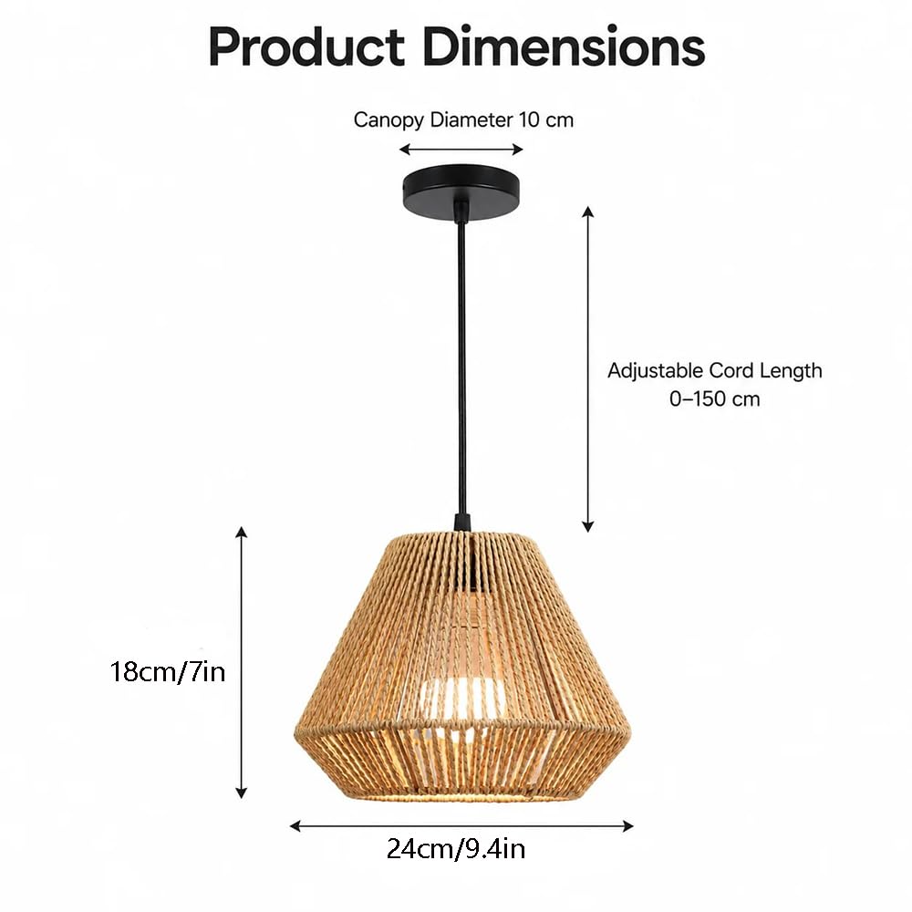 Lámpara Colgante De Ratán Estilo Granja, Lámpara Colgante Rústica De Cuerda De Papel De 23,9 Cm Con Pantalla De Mimbre Tejida A Mano, Lámpara De Techo De Altura Ajustable Para Isla De Cocina