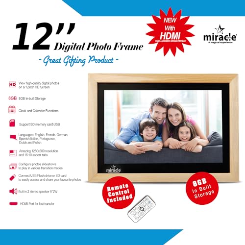 Image of Miracle Digital 12'' HDMI Wooden Hi-Def Digital Photo Frame Premium Mirror Finish,Remote SlideShow,Video Audio,Built in 8GB Memory & 2GB RAM (Light)