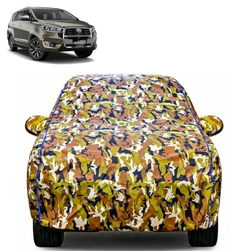 Image of Waterproof Car Body Cover for Toyota Innova Crysta with Mirror Pocket| Cotton Inner Lining | Triple Stitched | All Weather Protection | Dust, UV & Rain Proof (Camouflage with Blue Piping)