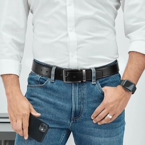 Men Belt Reversible Leather Belts - One Belt, Two Colors 1.35" for Casual Dress Golf, Trim to Fit2