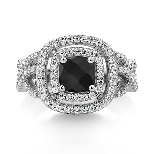 Gem Stone King Double Halo Engagement Ring For Women | Wedding Anniversary Promise Ring | 925 Sterling Silver | 6MM Cushion Gemstone Birthstone and White Moissanite | Available In Size 5, 6, 7, 8, 92