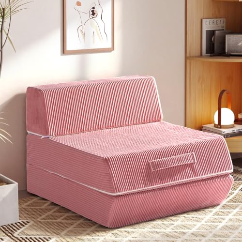 Folding Chair Bed, 16.75lbs Convertible Sleeper Chair, Small Spaces, Pink