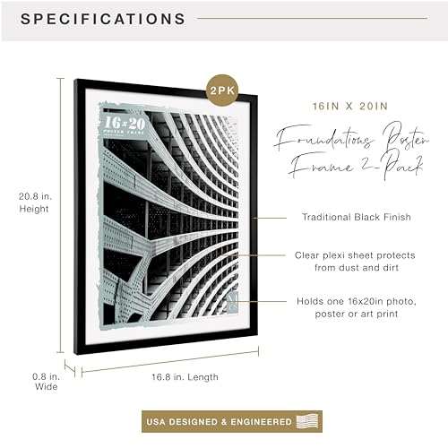 Image of MCS Foundation 16x20 Poster Frame Traditional Black, Vertical & Horizontal Wall Hanging Large Picture Frame for Photos, Posters & Art Prints (2-Pack)
