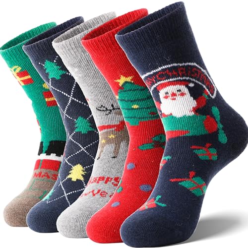 EBMORE Womens Wool Socks Thermal Hiking Winter Boot Warm Thick Cozy Crew Comfy Work Socks for Ladies 5 Pairs(Happy Christmas)