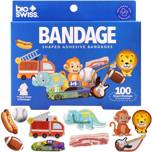 BioSwiss Bandages Assorted Animal Fun and Food Shaped Self Adhesive Bandage Latex Free Sterile Wound Care 100 Count