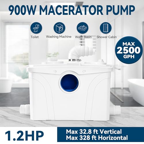 Image of 1.2HP Macerator Pump with PCB Function Toilet Pump Utility Sink Pump Upflush to 32.8FT 2500GPH Macerating Toilet System with 4 Water Inlets 1 Outlets for Toilet Sink Shower Laundry Kitchen Basement