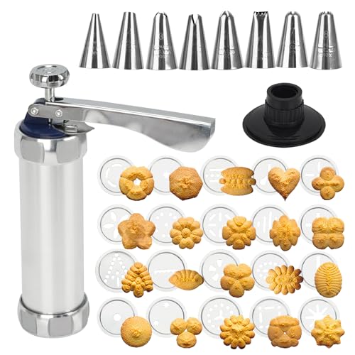 Stainless Steel Cookies Press, Cookies Press for Baking,Cookie Press Gun Kit with 20 Cookie Discs and 8 Piping Tips for DIY cake Maker Decorating Baking Supplies