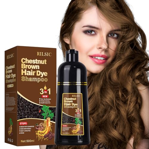 500ML Hair Dye Shampoo 3 en 1, Champú Tinte Pelo Negro, Champu tinte Canas, Champú Color Cabello Instantáneo, Shampoo Color Tinte Pelo en minutos, Champu tinte Cubre Canas Hombre Mujer (Castaño)