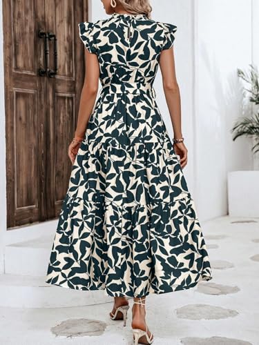 SKAYS Women's Ruffle Cap Sleeve Turtleneck Dress Fashion Print Tie-Waist Belt Flowy Maxi Dress4