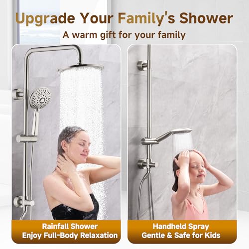BRIGHT SHOWERS Rain Shower Heads System Including Rainfall Shower Head and Handheld Shower Head with Height Adjustable Holder, Solid Brass Rail, 60 Inch Long Stainless Steel Hose, Brushed Nickel