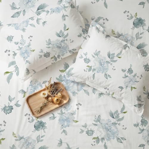 Image of Urban Space Serene 100% Cotton King Size Bedsheet, 200 TC Super Soft Bed Sheet for King Size Bed, Floral Design King bedsheet with Two Pillow Covers (108 inch x 108 inch, Sapphire Dusty Blue)