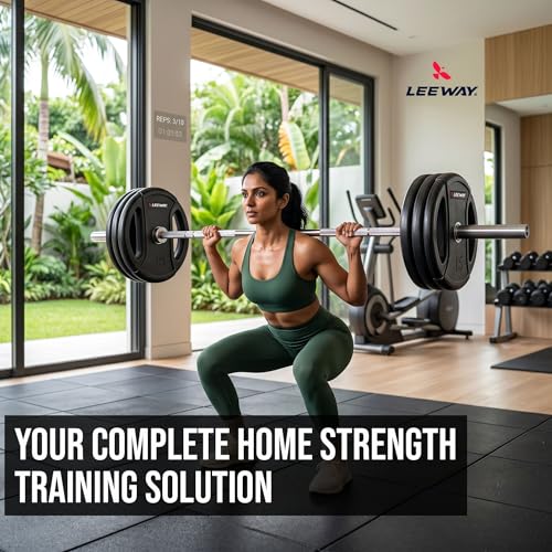 Image of Leeway Olympic Barbell Rod with Plates (120kg Set) | 7ft Chrome Otis Bar 20kg + Weight Plates | 51mm Rubber Coated Olympic Plate | Home Gym Weight Lifting Combo (2.5kgX2+5kgX2+7.5kgX2+10kgX2+15kgX2+20kgX2)